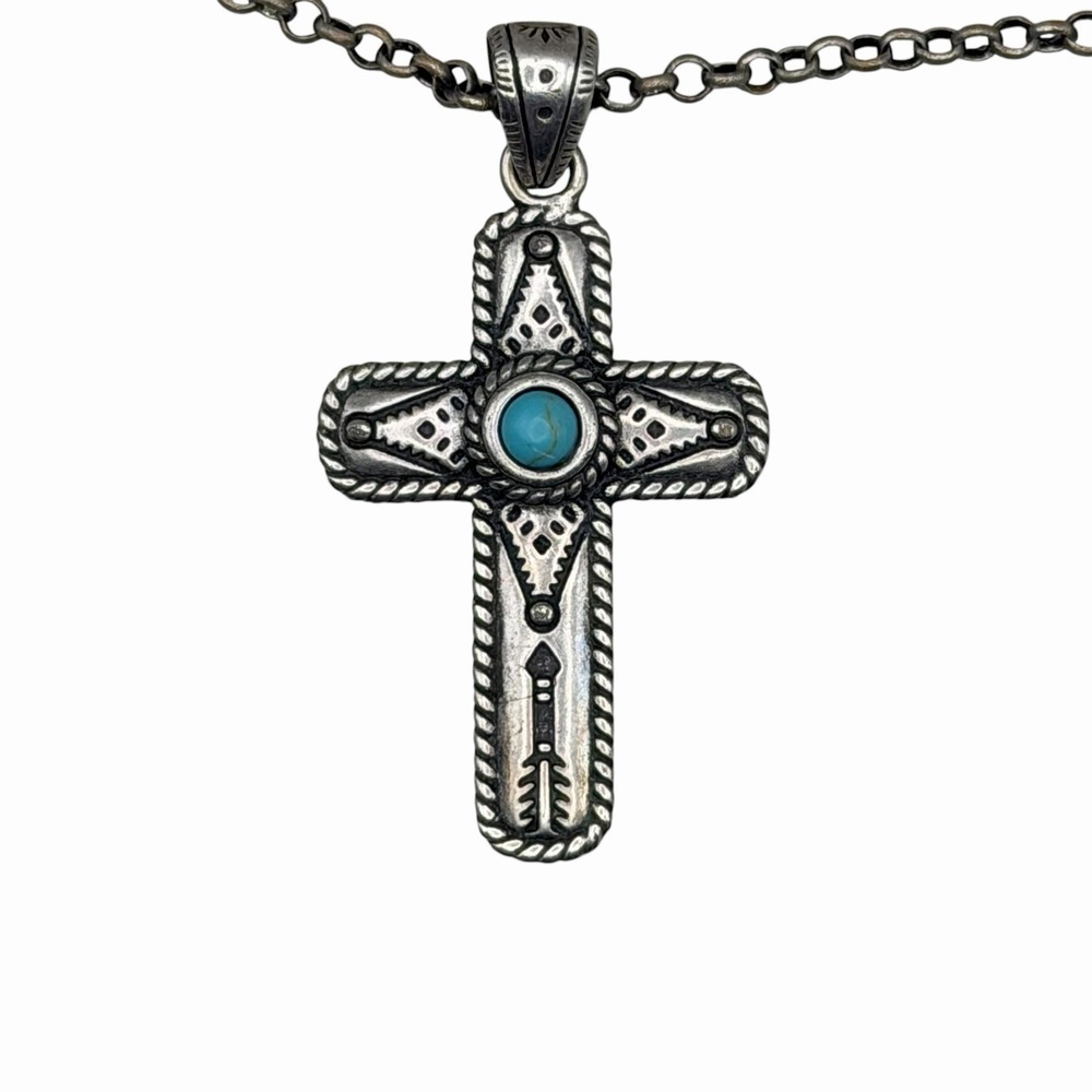 Montana Silversmiths Turquoise Cross Necklace Western Southwestern Silver Tone